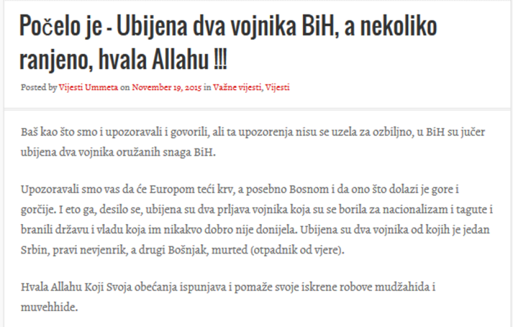Islamistički sajt slavi napad u Sarajevu?!