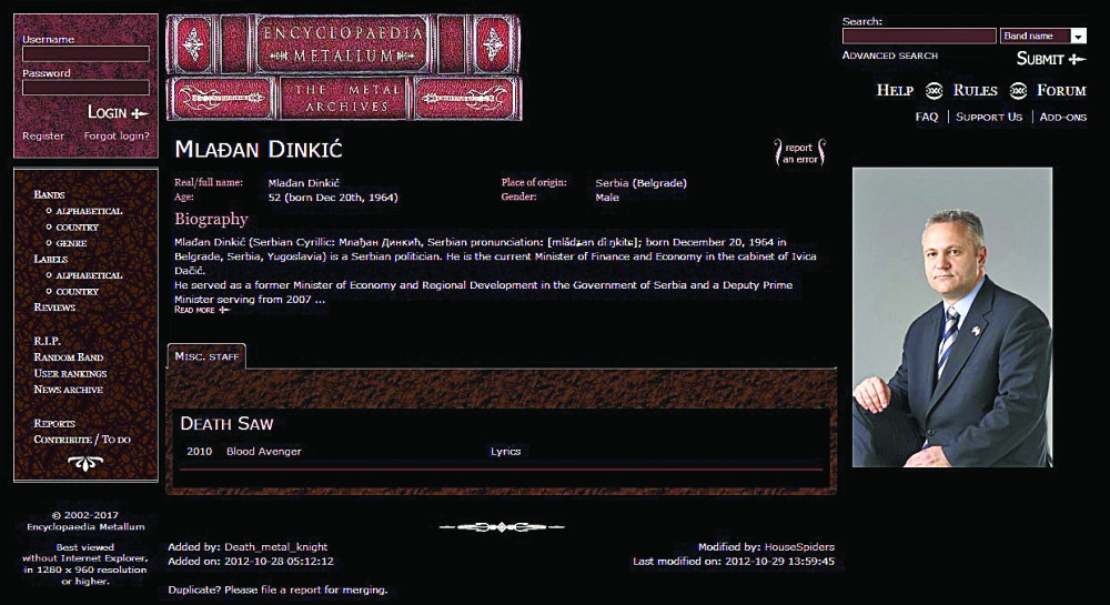 Dinkić u enciklopediji metal bendova!