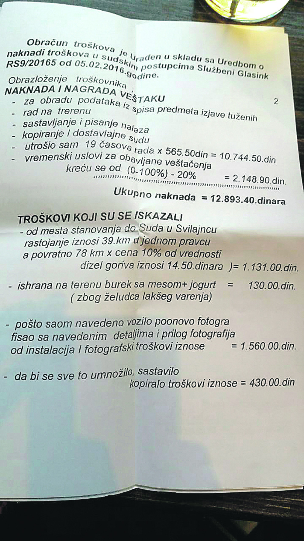 Veštak tražio 130 dinara za burek i jogurt!