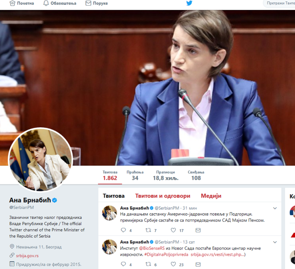 Brnabićeva preuzela premijerski tviter nalog!