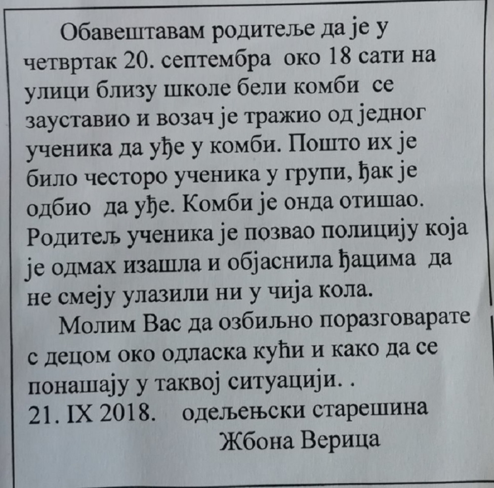 Učiteljica iz Subotice okačila upozorenje za roditelje, ZALEDIĆETE SE! (FOTO)