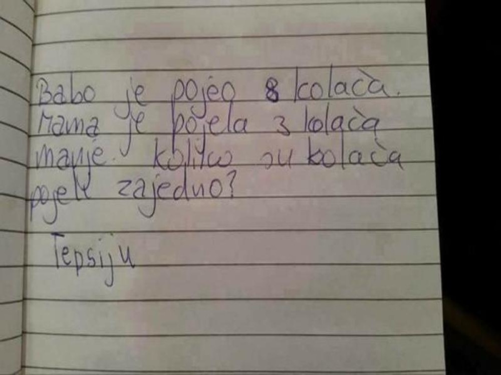 Tata je pojeo osam kolača, mama je pojela tri kolača manje. Koliko su kolača pojeli zajedno?