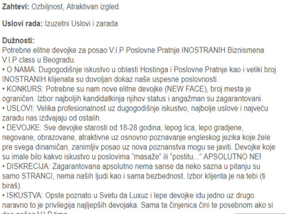 Oglas firme koji kruži Srbijom otvoreno poziva na posao eskort dame, i obećava OGROMNU ZARADU!