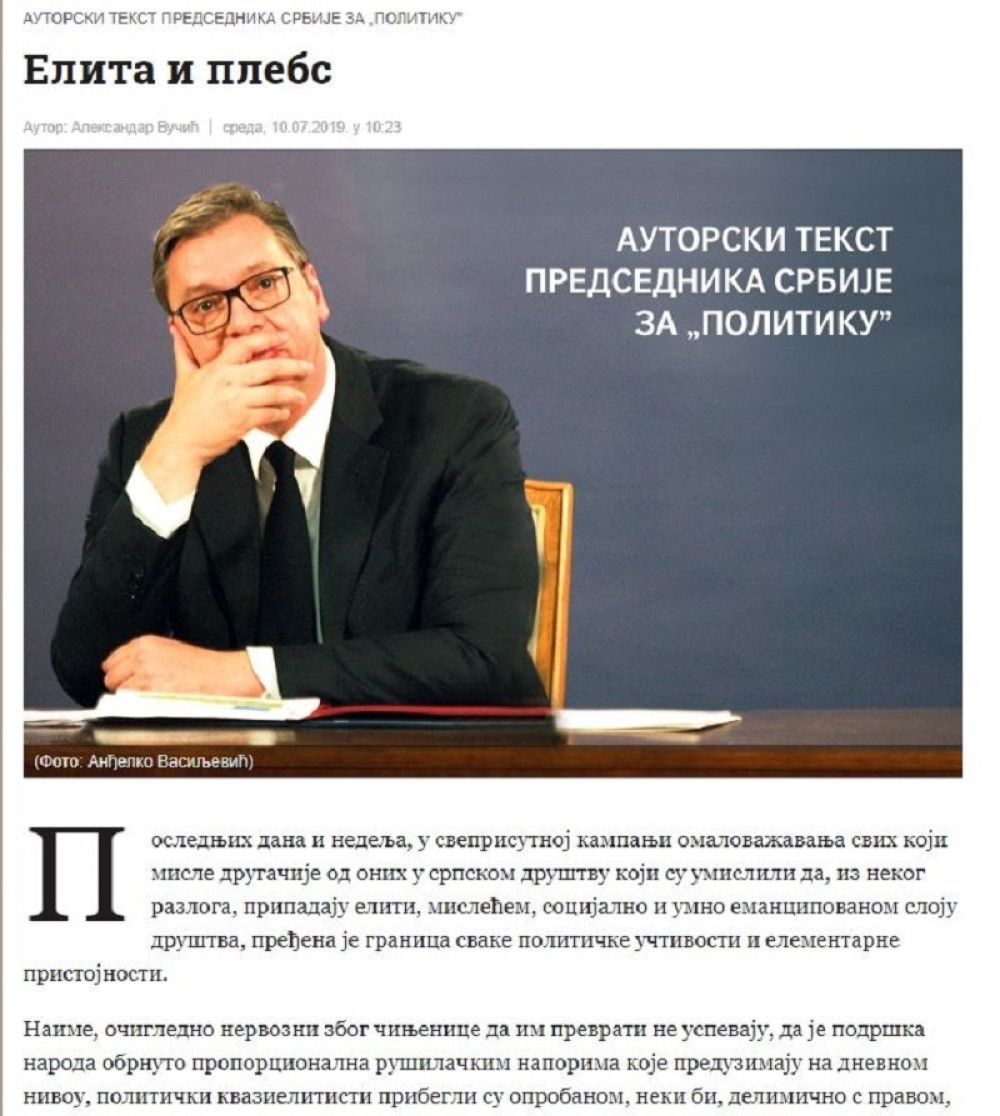 Histerične reakcije LAŽNE ELITE na autorski tekst predsednika Aleksandra Vučića