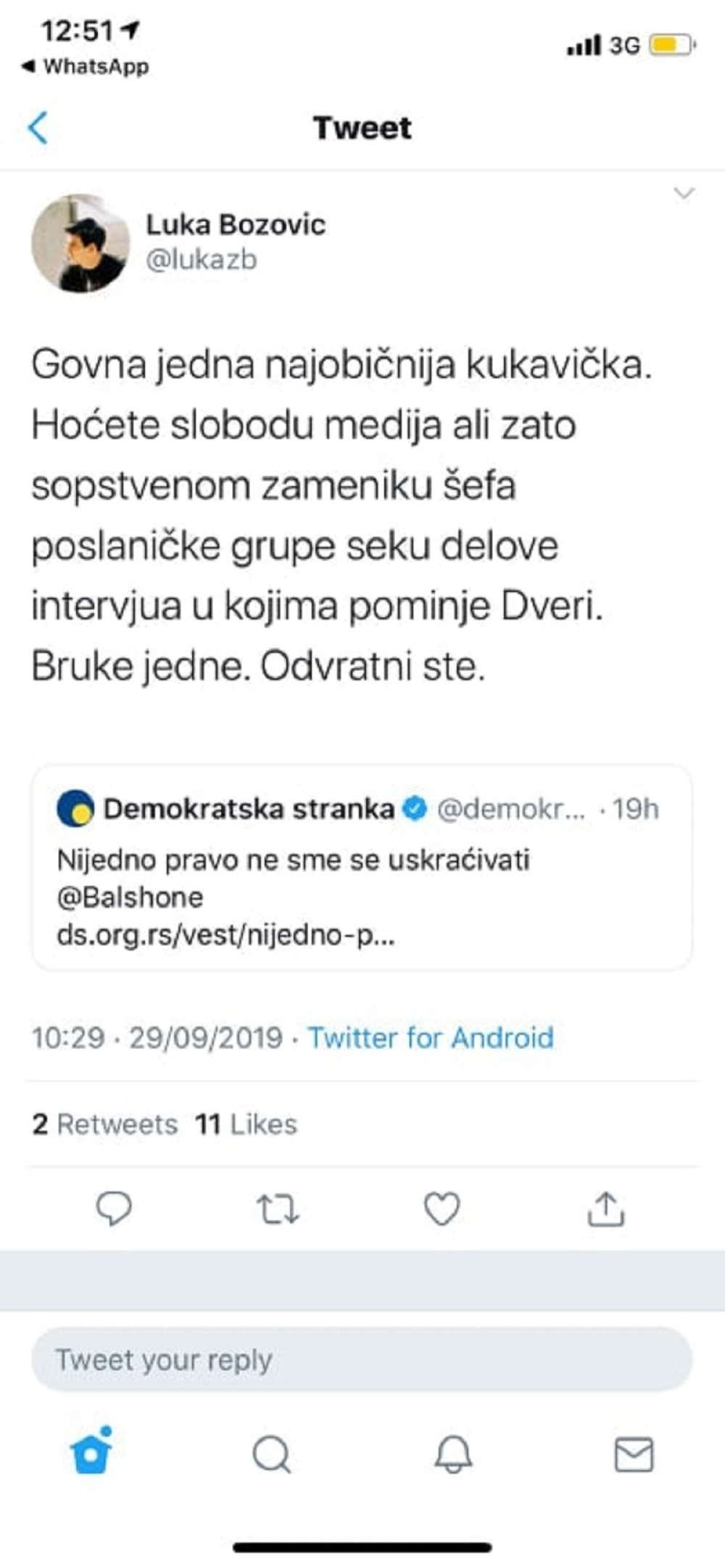 Opozicioni aktivista Luka Bozović poručio Demokratskoj stranci da su gov*a kukavička!