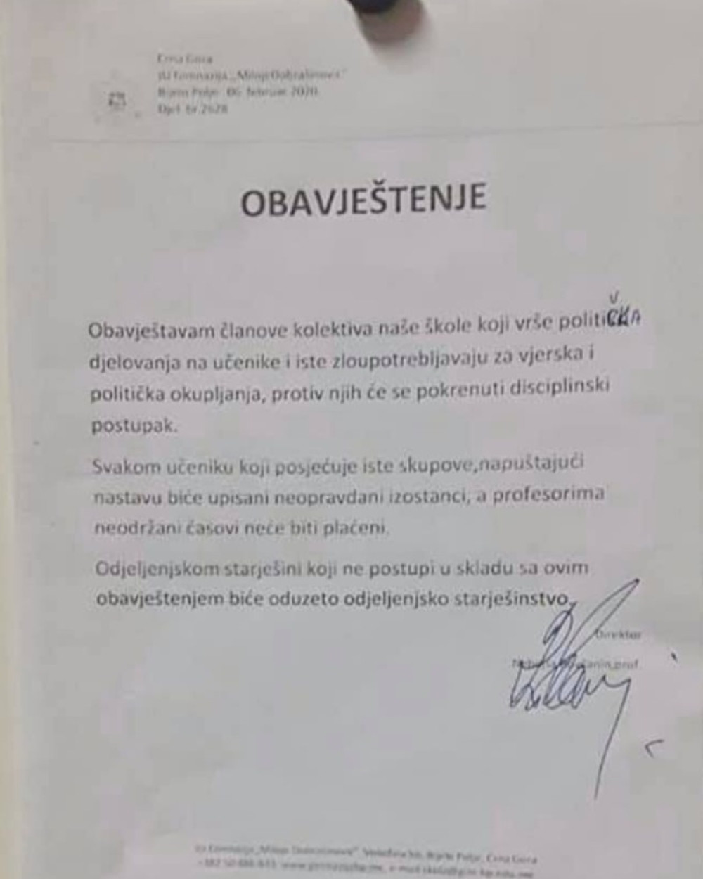 Direktor gimnazije U Bijelom Polju okačio obaveštenje na oglasnoj tabli. Javili se besni roditelji! (FOTO)