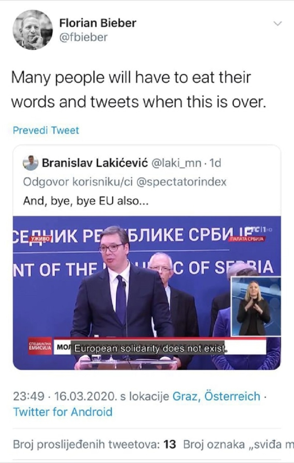 Florijan Biber nagrabusio na tviteru zbog napada na Vučića