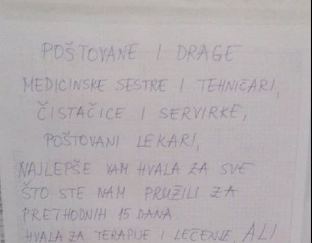 Pacijenti u Pančevu izlečeni od kovida-19 ostavili dirljivu poruku lekarima (FOTO)