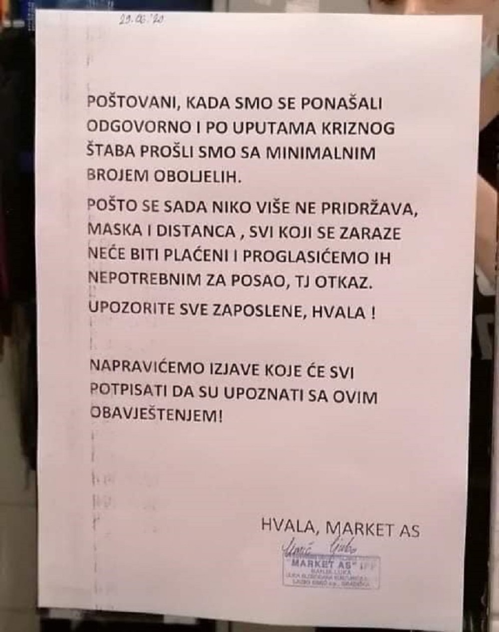 Svi koji se zaraze, neće biti plaćeni i dobiće momentalni otkaz (FOTO)