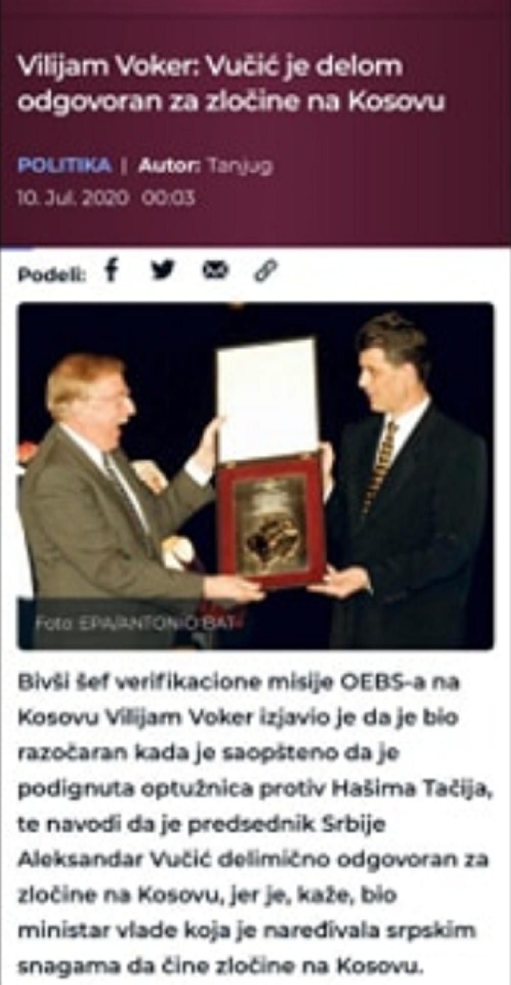 Sajt koji podržava Đilasa - brani Tačija, a osuđuje Vučića za zločine na Kosovu!