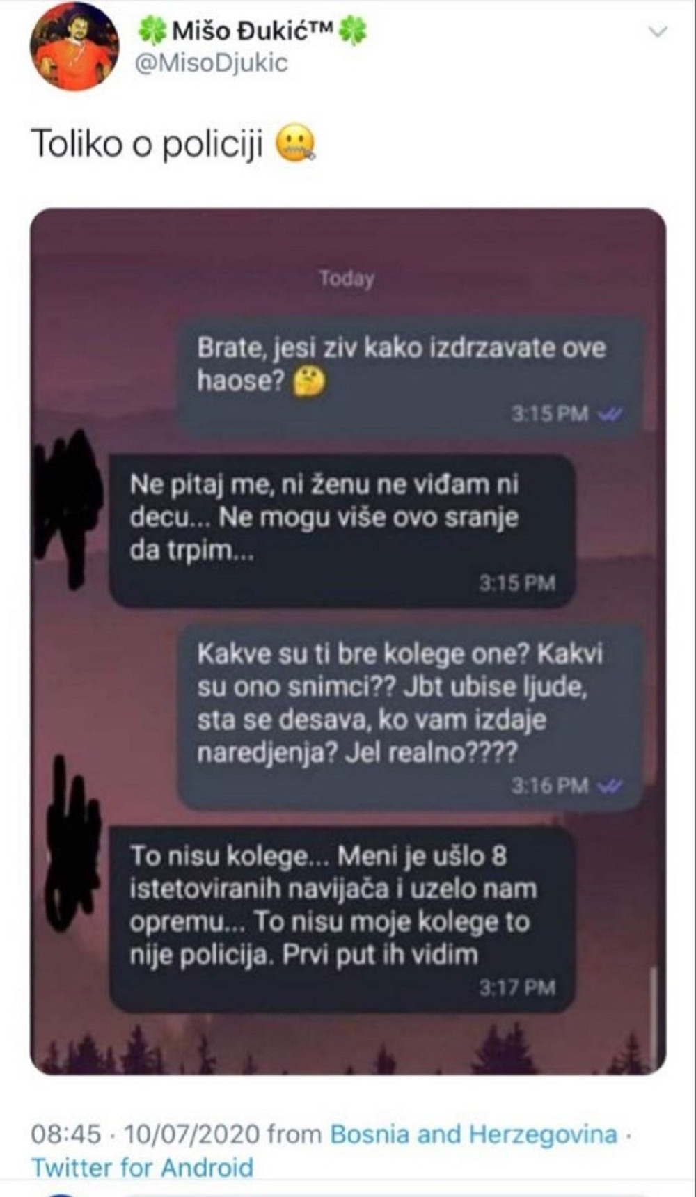 Još jedan sraman potez protiv srpske policije, Bosanac objavio lažnu prepisku: "Meni je došlo 8 tetoviranih navijača..."