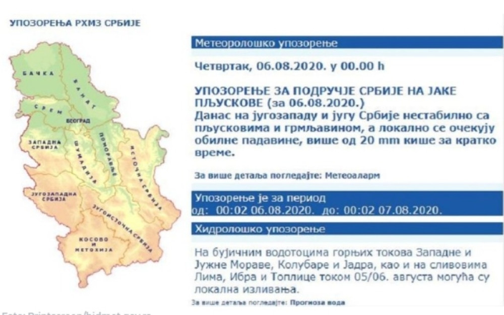 "Upozorenje za područje Srbije na JAKE pljuskove"