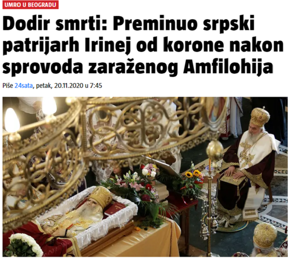 Sramno likovanje hrvatskih medija: Preminuo Irinej posle sahrane zaraženog Amfilohija!