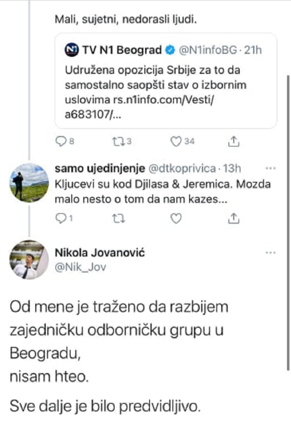 Nikola Jovanović poručio Jeremiću i Đilasu: Vi ste mali, sujetni, nedorasli ljudi!