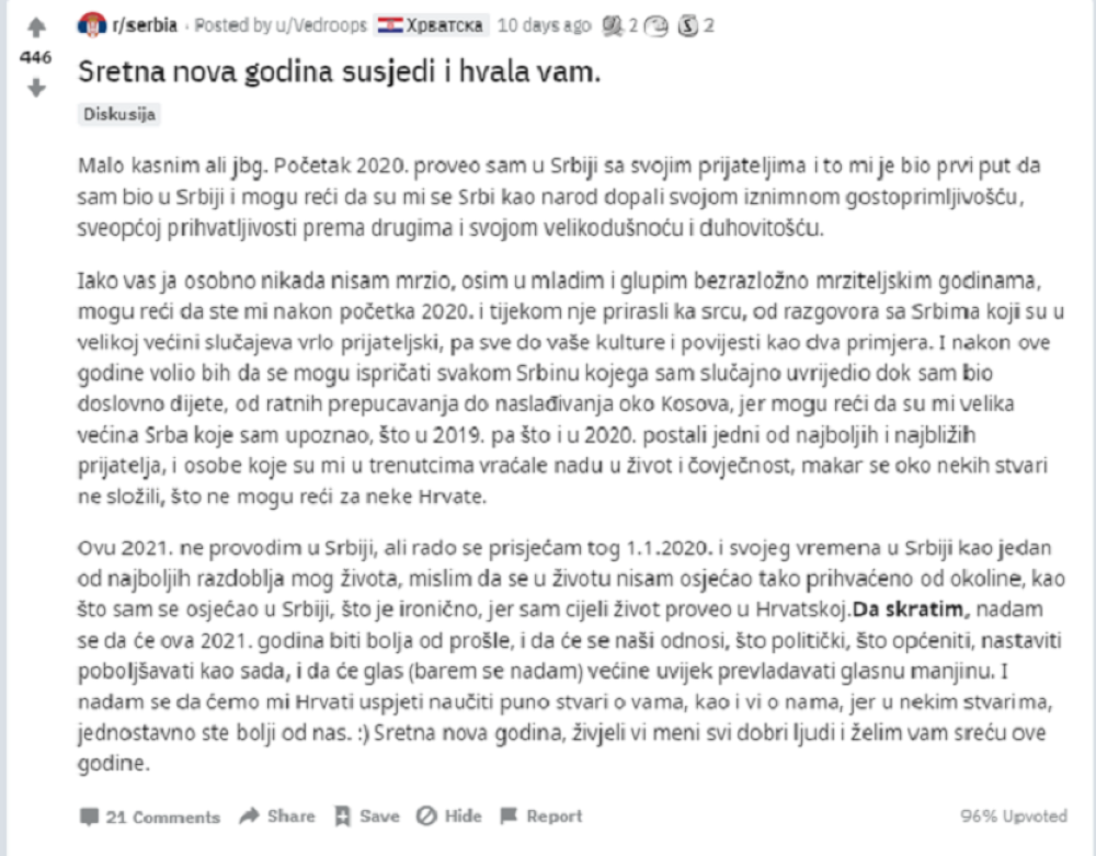 Poruka Hrvata zapalila društvene mreže: Dragi susedi, hvala vam! Želim se izviniti svakom Srbinu kojeg sam slučajno uvredio